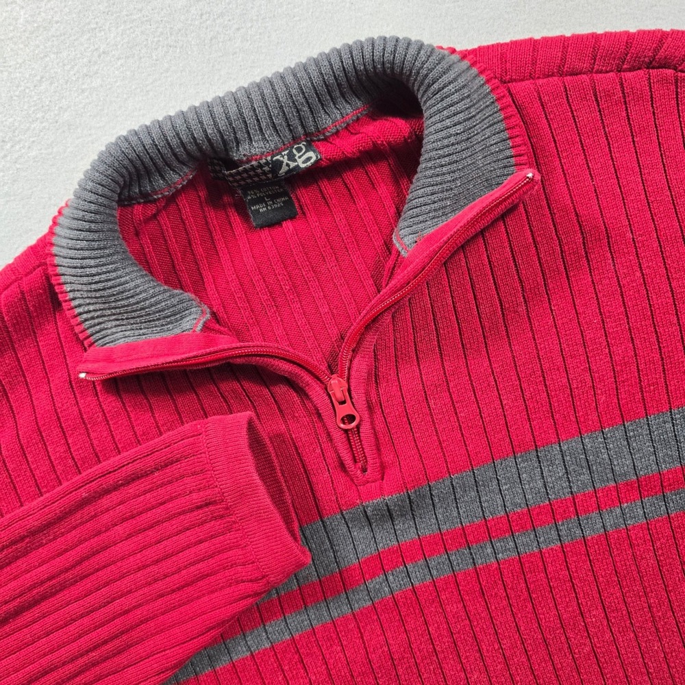 XG Mens Large Red Sweater Quarter Zip Pullover Ribbed Knit Striped Mock Neck